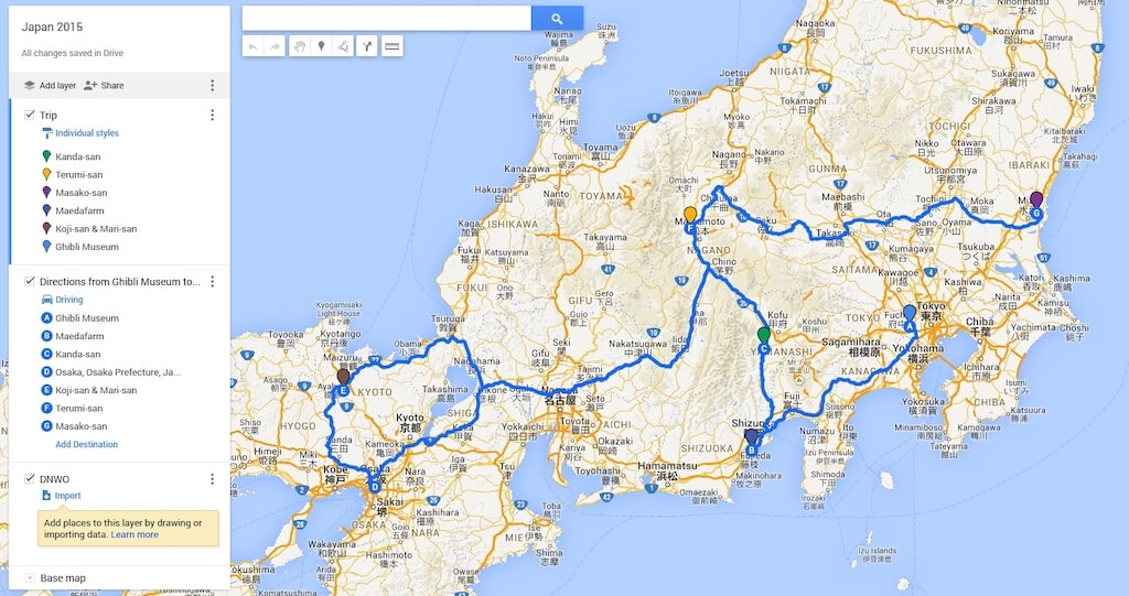 Google Maps overview of my trip to Japan